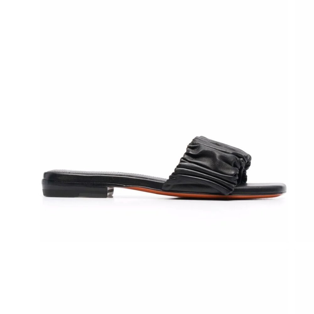 Santoni Ruched Allonge Leather Flat Sandals Womens 36 6 Black Slip On Open Toe